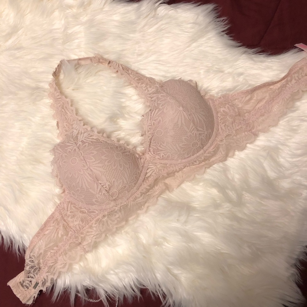Light pink padded halter top bralette, fits a 36C